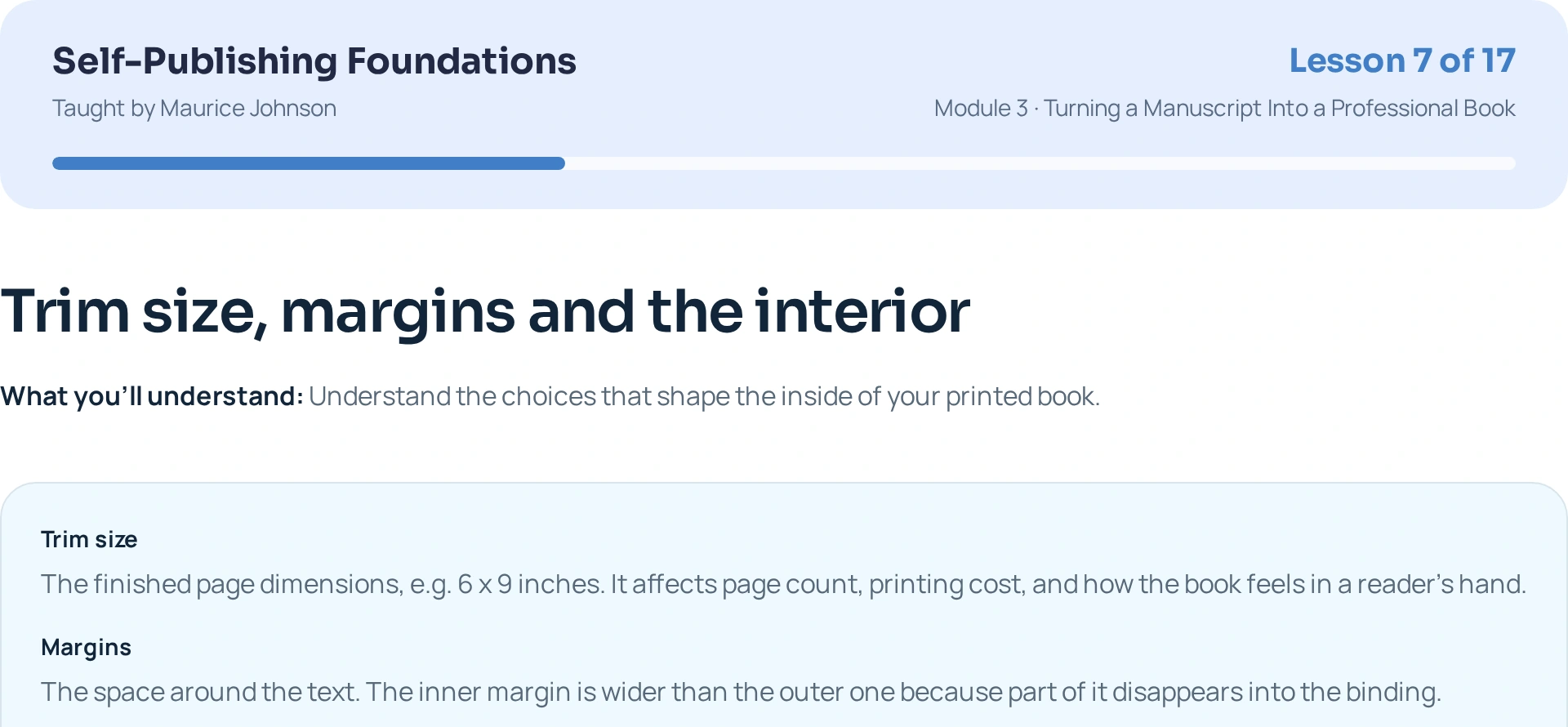 The real Foundations lesson Trim size, margins and the interior, with the Module 3 and Lesson 7 of 17 band, first lesson text and sample progress after two modules.