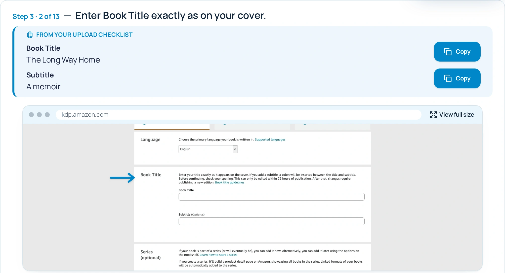 The real Upload to Amazon guide at the book-title step, with fictional title The Long Way Home, subtitle A memoir, Copy buttons and the matching KDP screen.