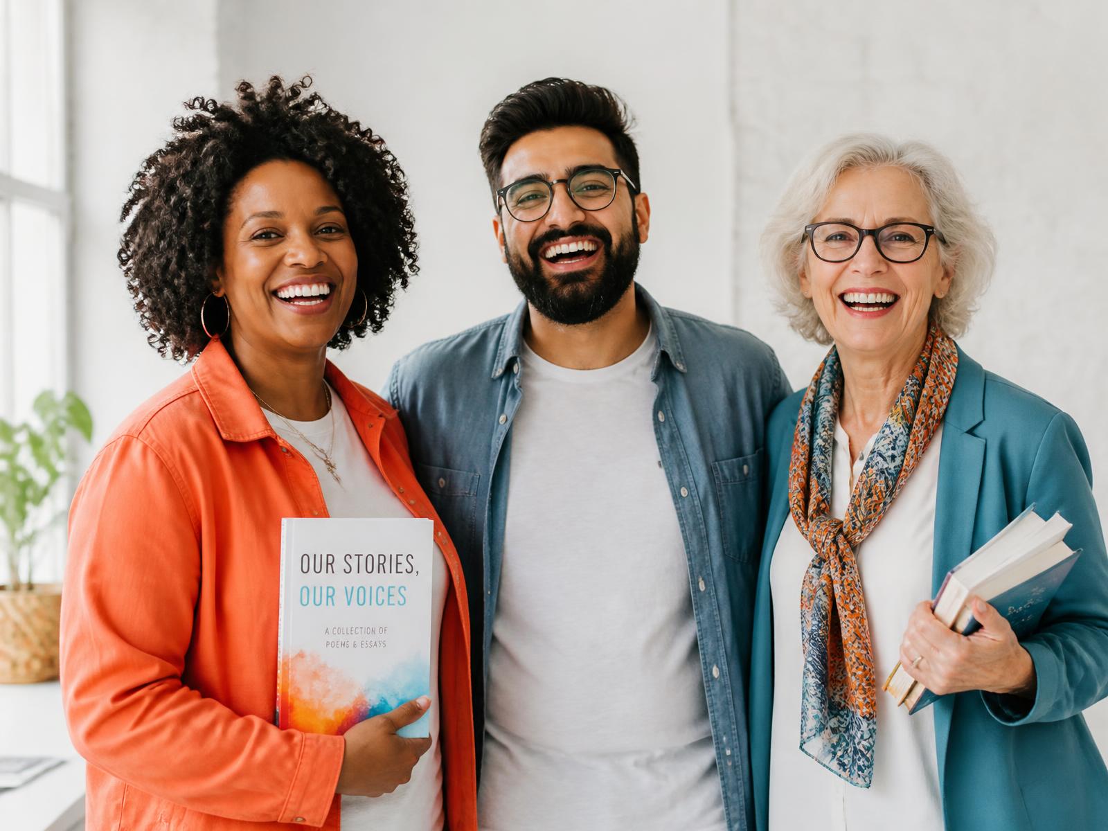 Three smiling first-time authors standing together, one holding her printed book